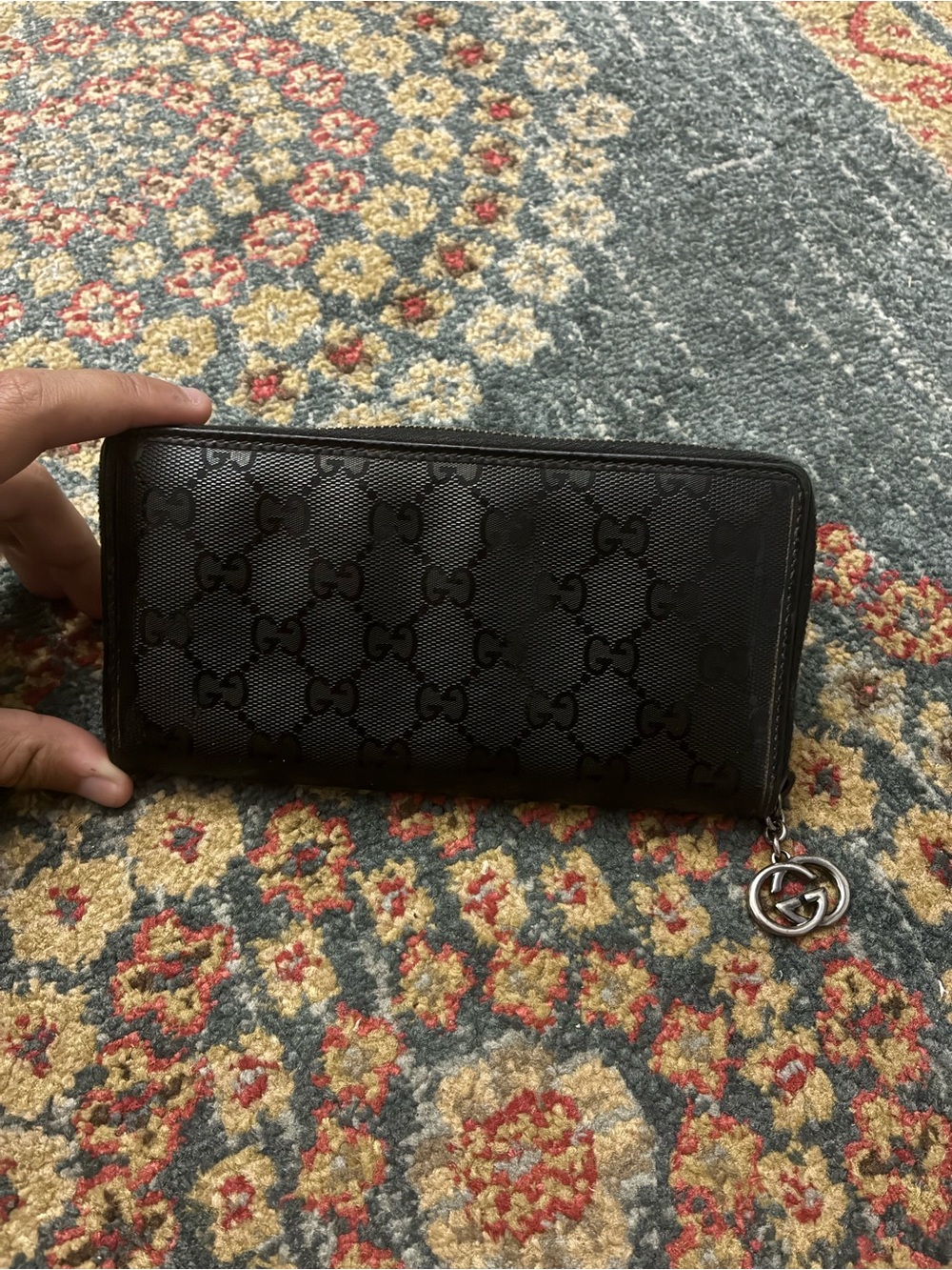 Gucci Black GG Zip-Around Wallet with Silver GG Charm